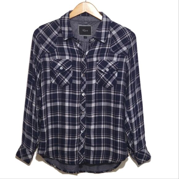 Rails Plaid Button Down Long Sleeve Blue Black White Rayon Shirt Size S - Picture 1 of 9